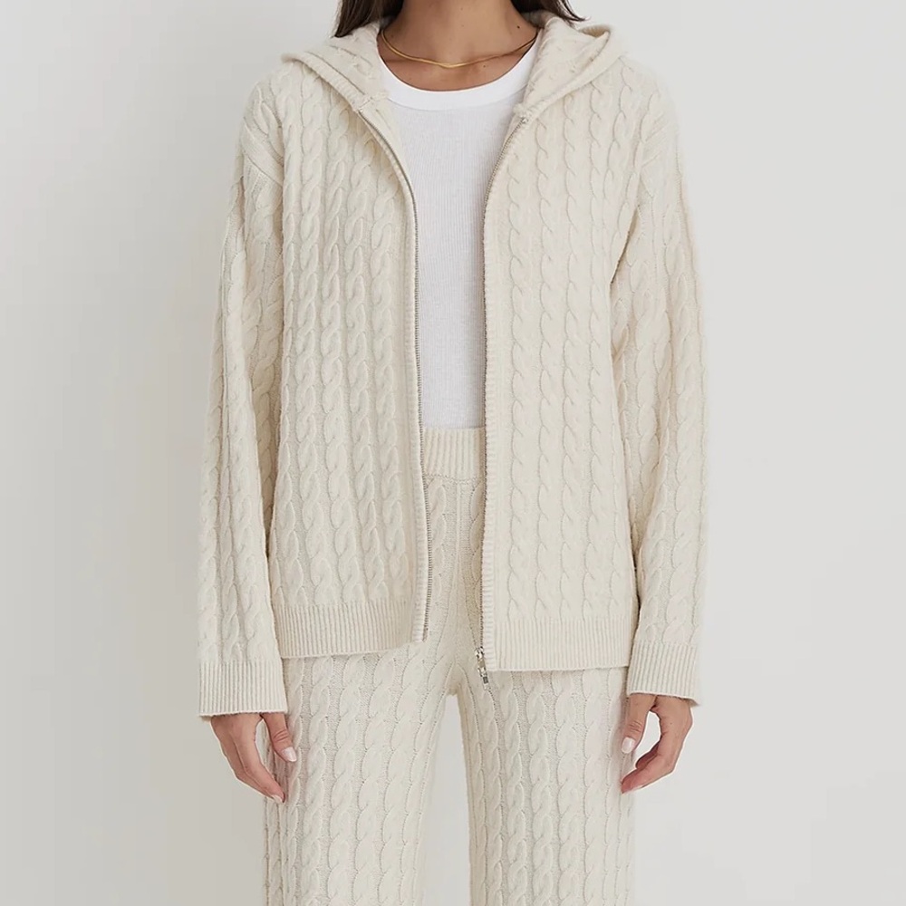 ASOS 4th & Reckless Wool Mix Cable Knit Longline Hoodie in Cream